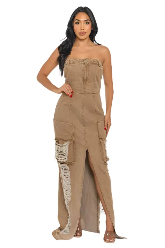 It's a Vibe- Vintage Washed Distressed Cargo Maxi Dress