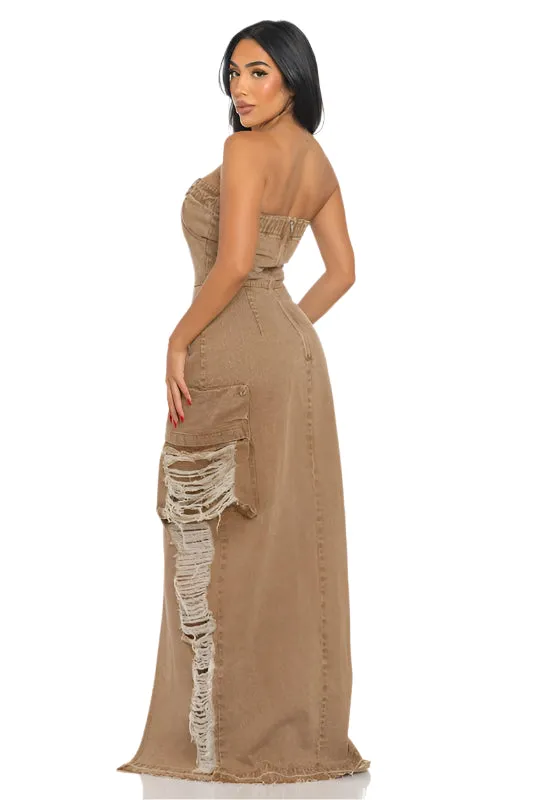 It's a Vibe- Vintage Washed Distressed Cargo Maxi Dress