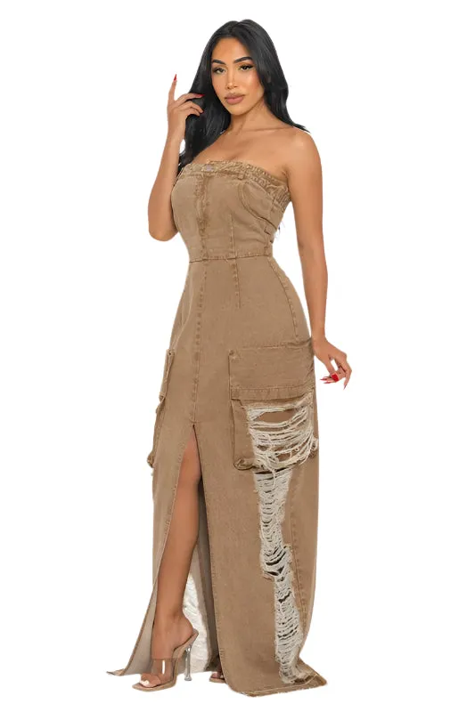 It's a Vibe- Vintage Washed Distressed Cargo Maxi Dress