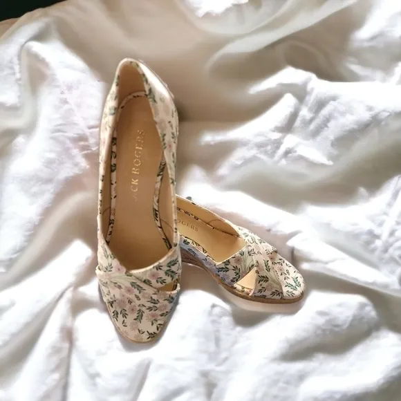 Jack Rogers Palmer Criss Cross Leather Wedge Espadrille -White &amp; Floral