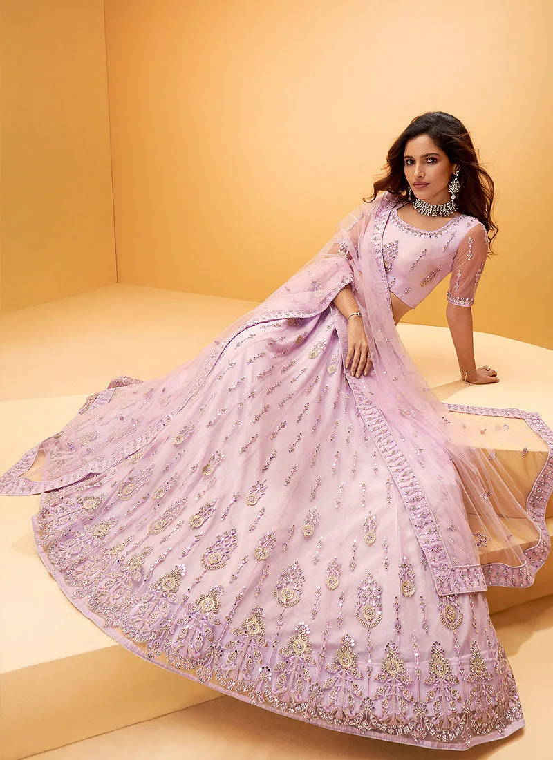 Lavender Mirror Work Embroidered Wedding Lehenga Choli