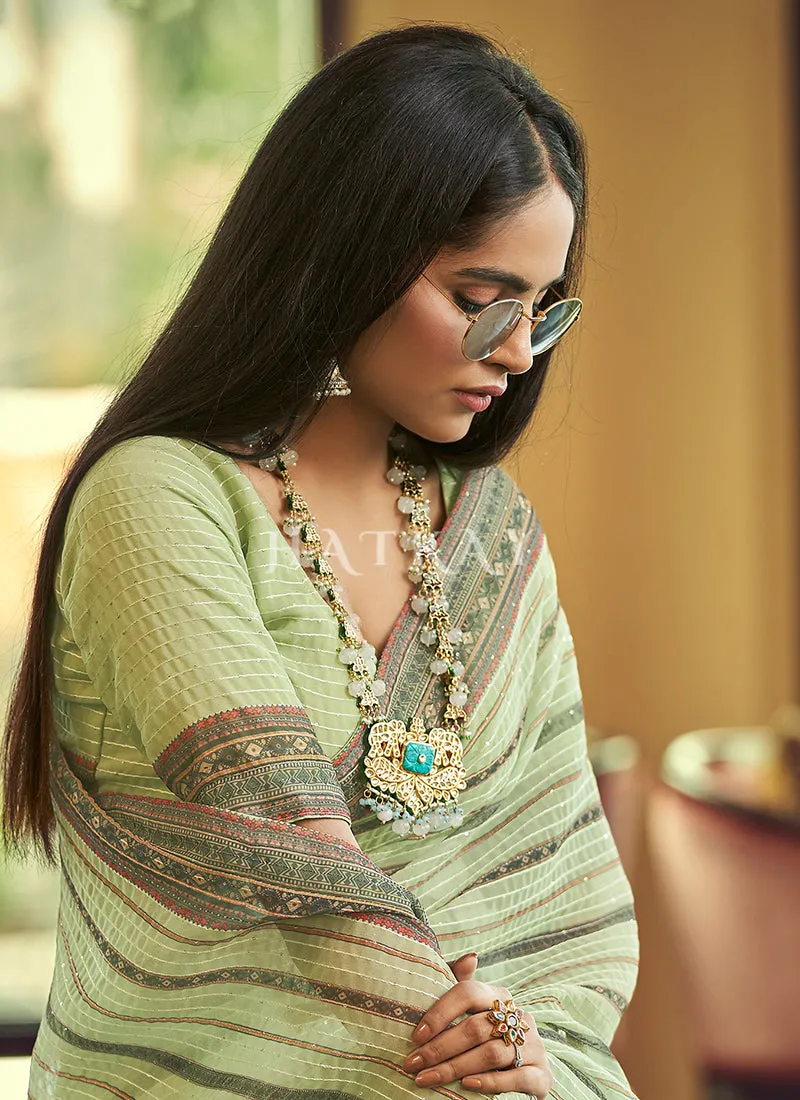 Light Green Sequence Printed Georgette Saree