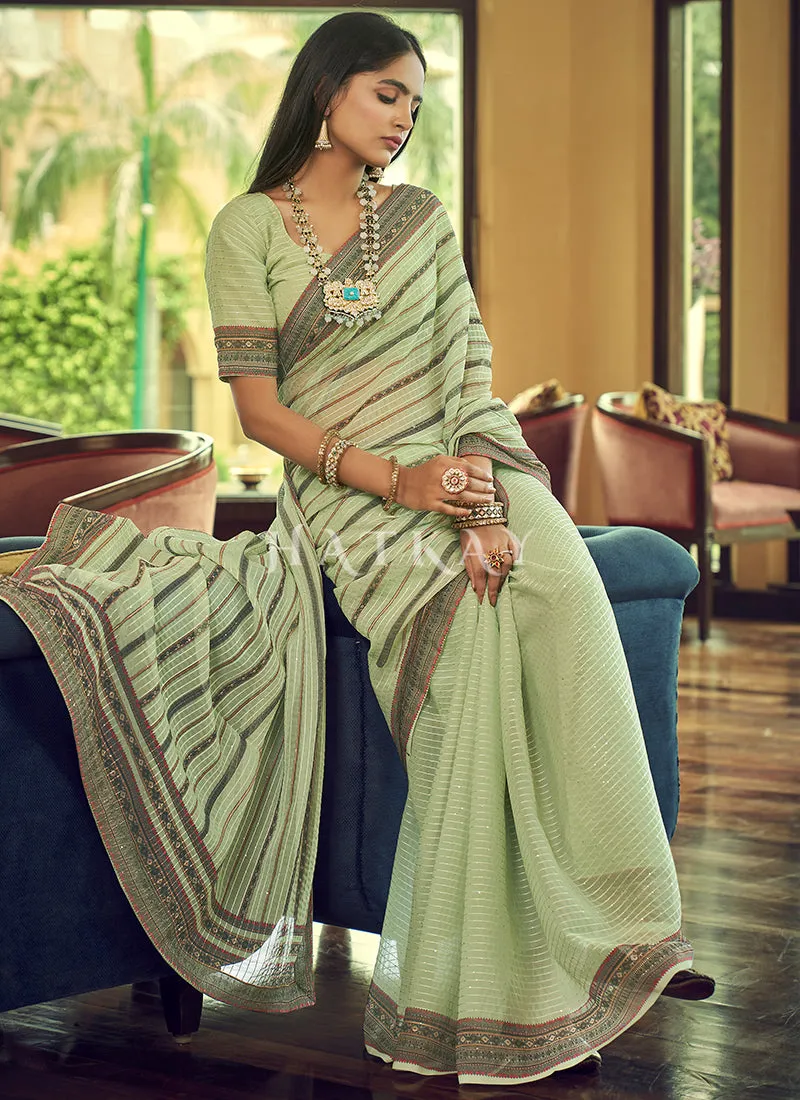 Light Green Sequence Printed Georgette Saree