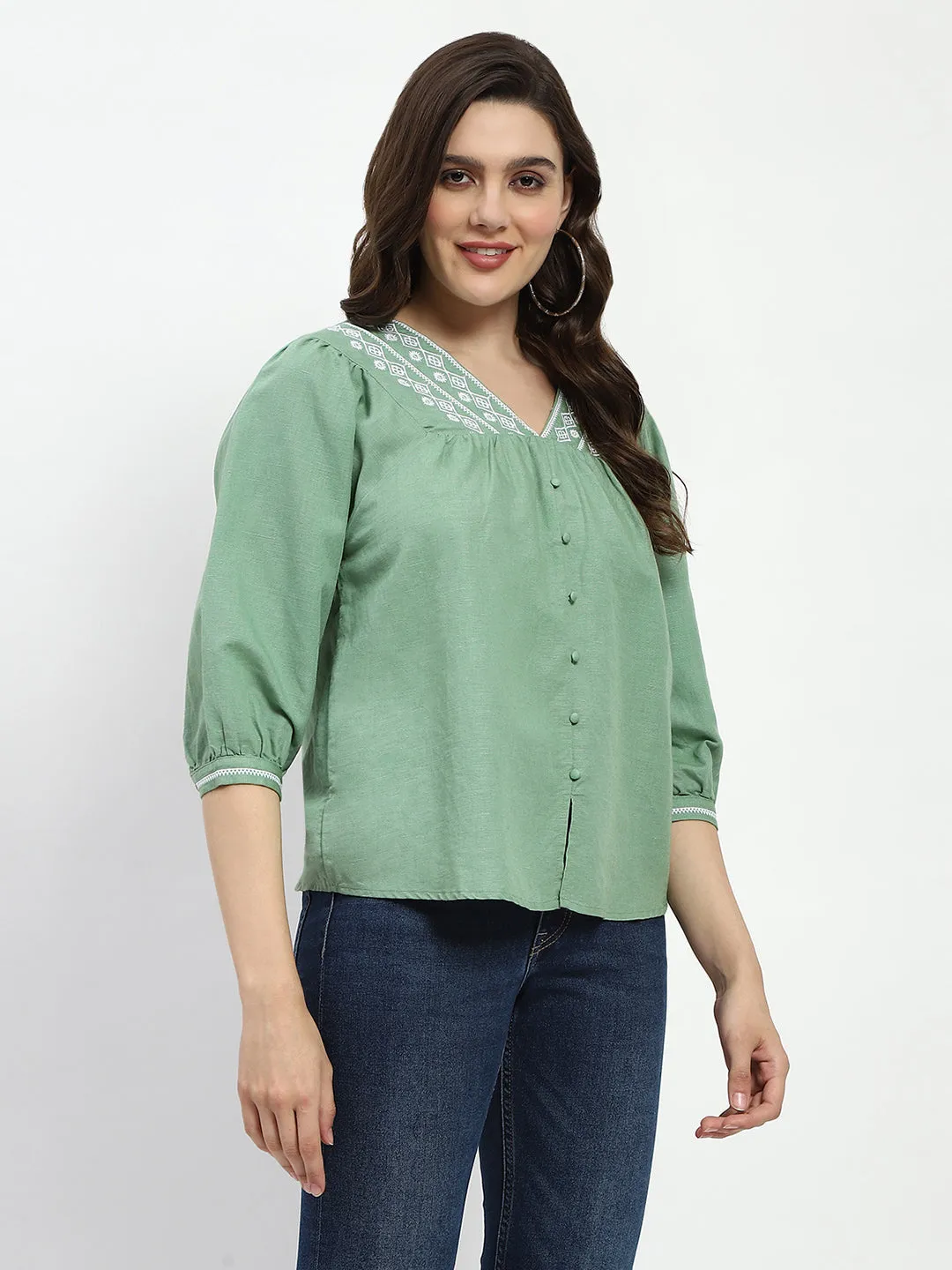Madame Embroidered Cotton Blend Green Tunic Top