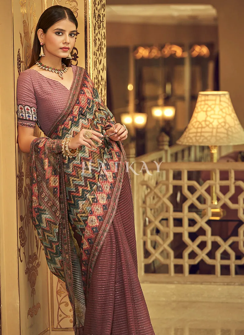 Mauve Sequence Printed Georgette Saree