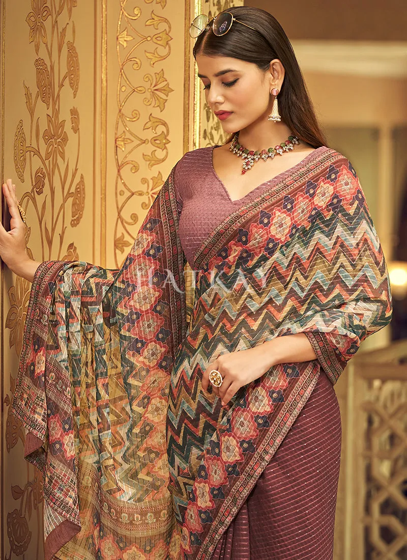 Mauve Sequence Printed Georgette Saree
