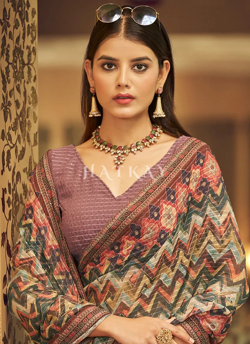 Mauve Sequence Printed Georgette Saree