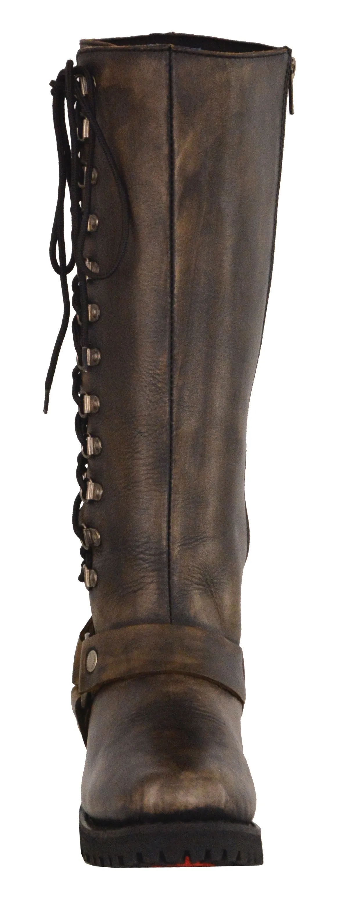 Motorcycle women's distressed brn 14 inch classic square toe leather boot with lacing
