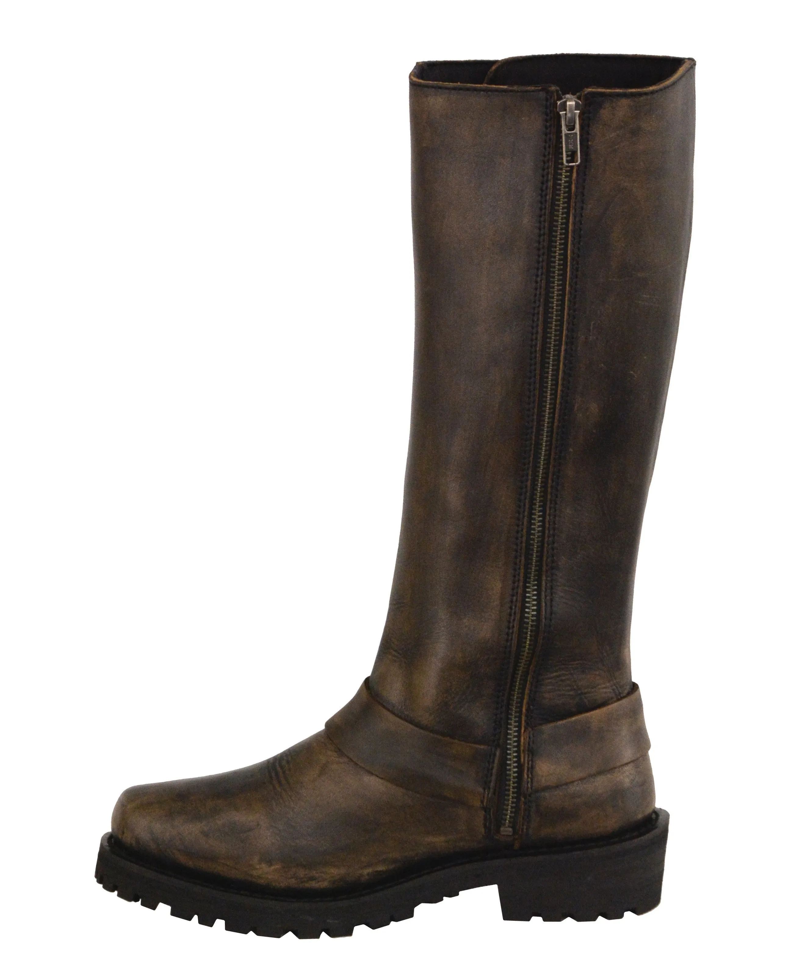 Motorcycle women's distressed brn 14 inch classic square toe leather boot with lacing