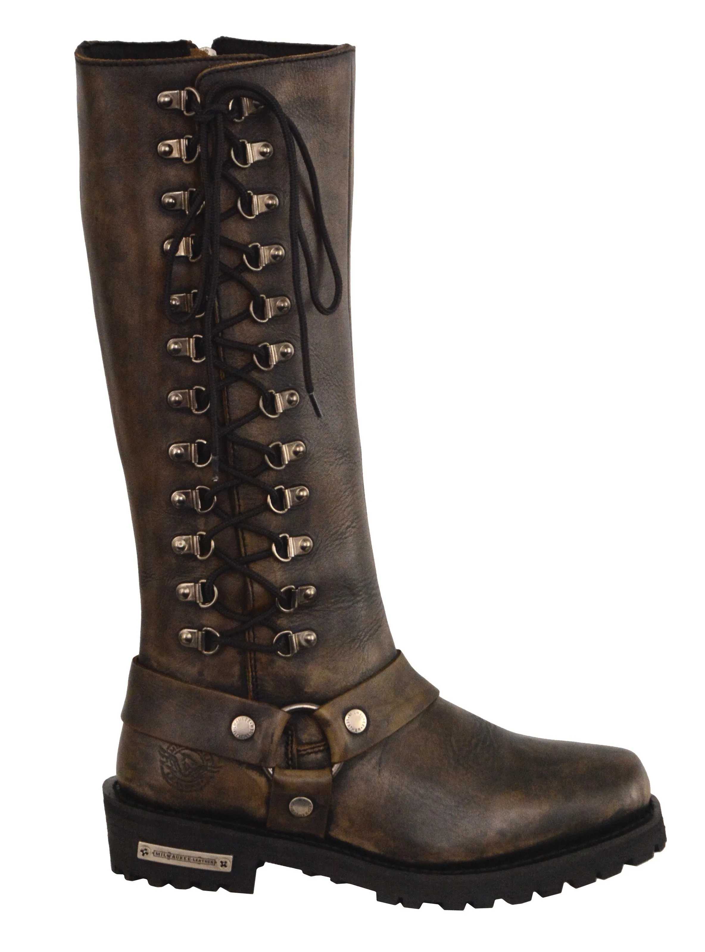Motorcycle women's distressed brn 14 inch classic square toe leather boot with lacing