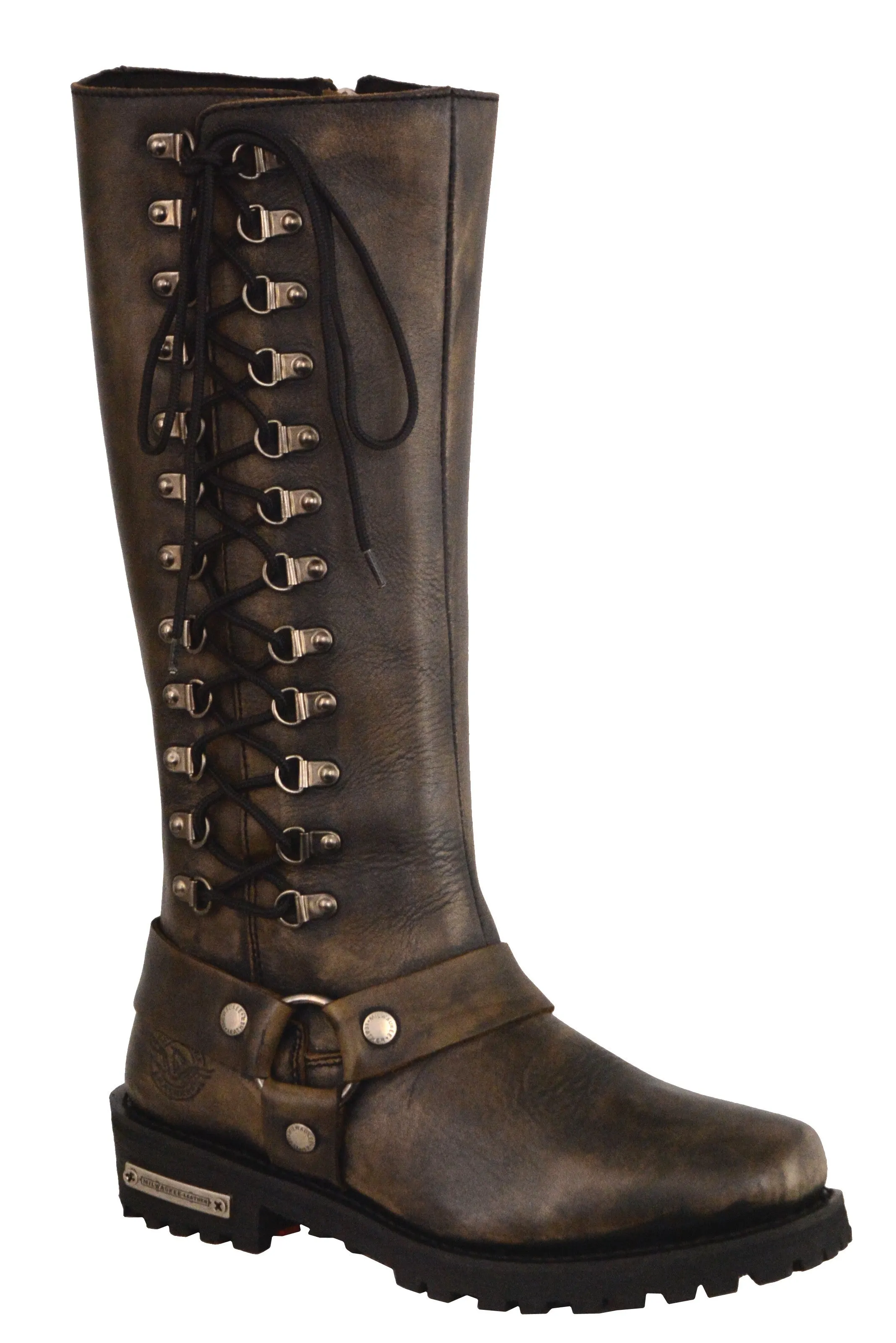 Motorcycle women's distressed brn 14 inch classic square toe leather boot with lacing