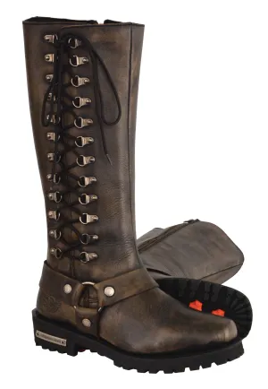 Motorcycle women's distressed brn 14 inch classic square toe leather boot with lacing