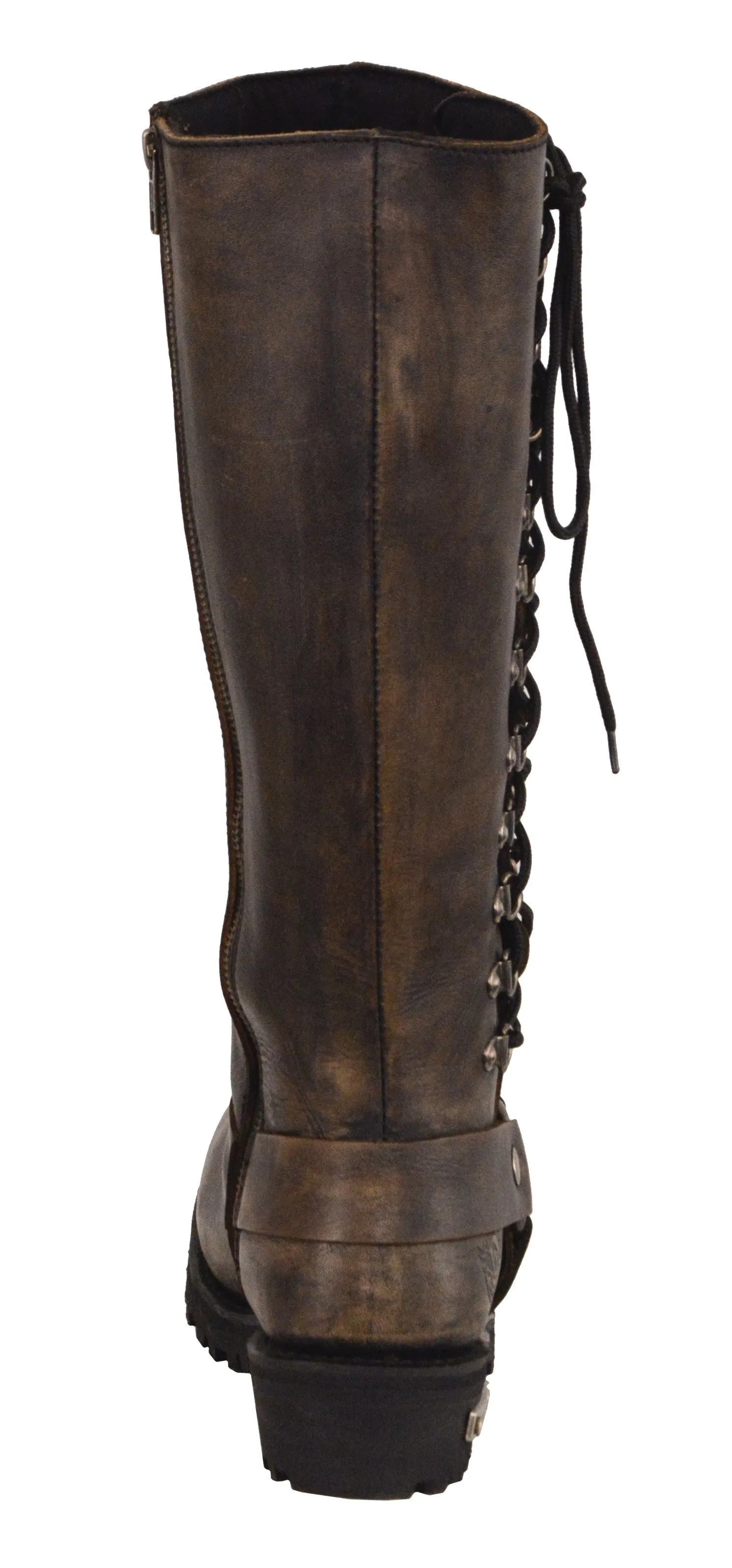 Motorcycle women's distressed brn 14 inch classic square toe leather boot with lacing