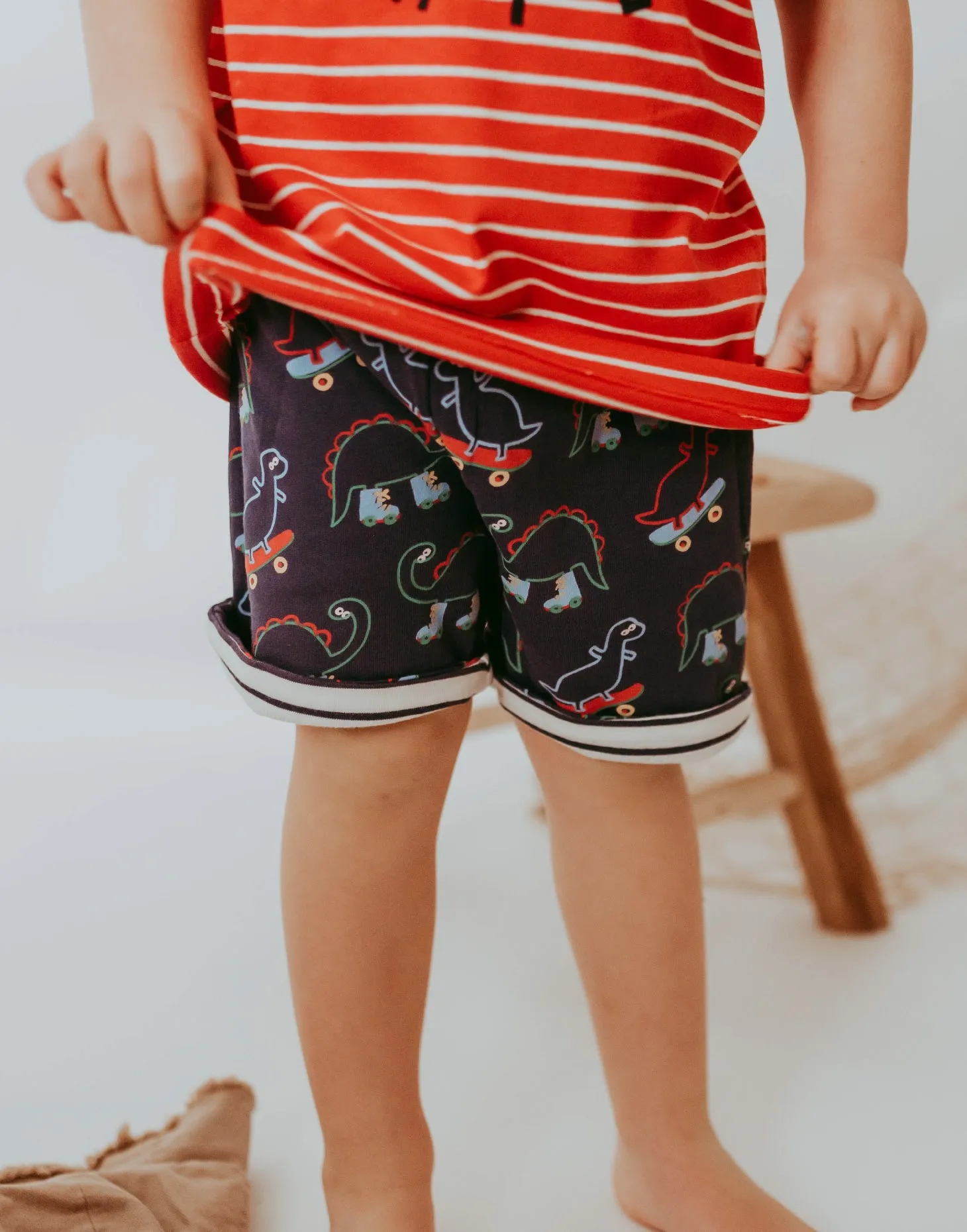 Multicoloured Dinosaur And Stripe Print Shorts