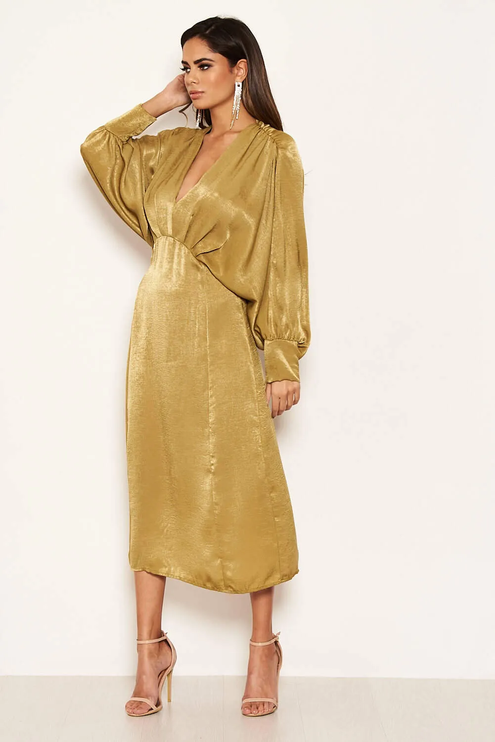 Olive Bat Wing V Neck Midi Dress