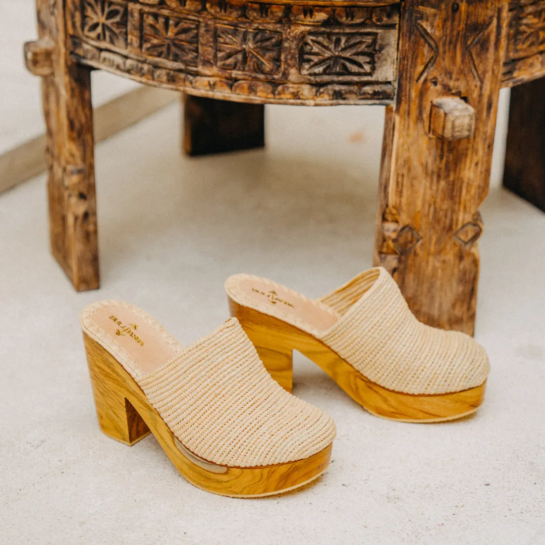 Ourida Natural Beige Teak Wood Platform Heels