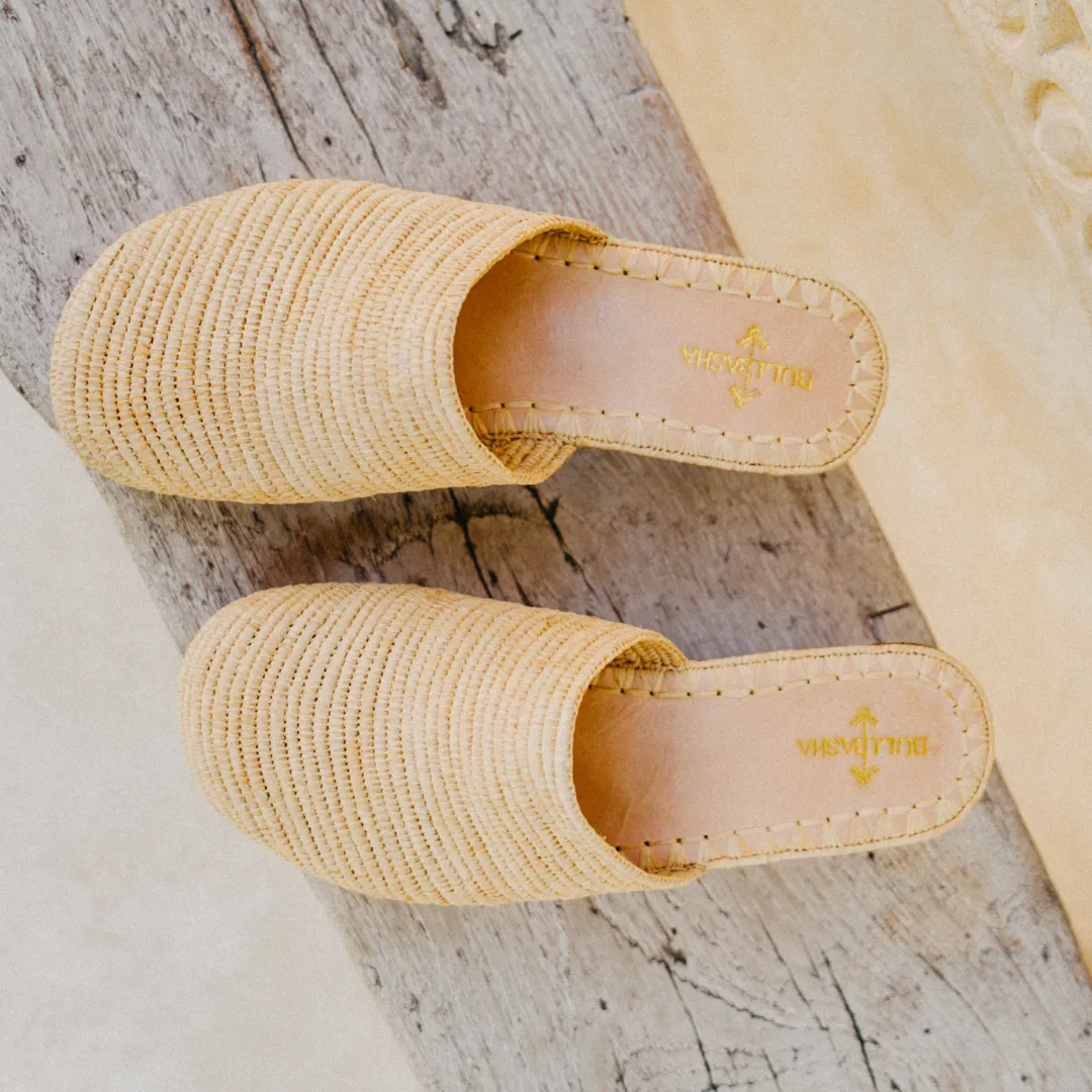 Ourida Natural Beige Teak Wood Platform Heels