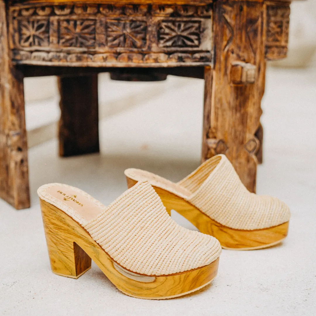 Ourida Natural Beige Teak Wood Platform Heels
