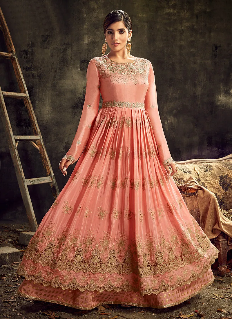 Peach And Gold Embroidered Layered Anarkali Suit