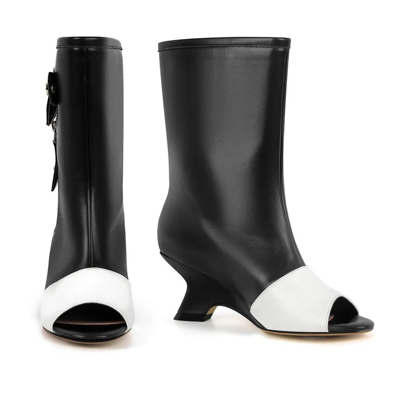 Peep Toe Leather Shaped Heel Ankle Boots