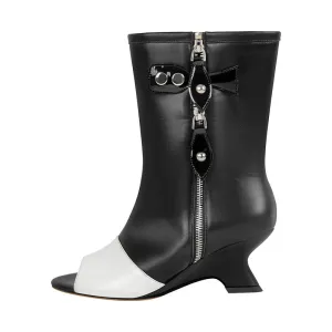 Peep Toe Leather Shaped Heel Ankle Boots