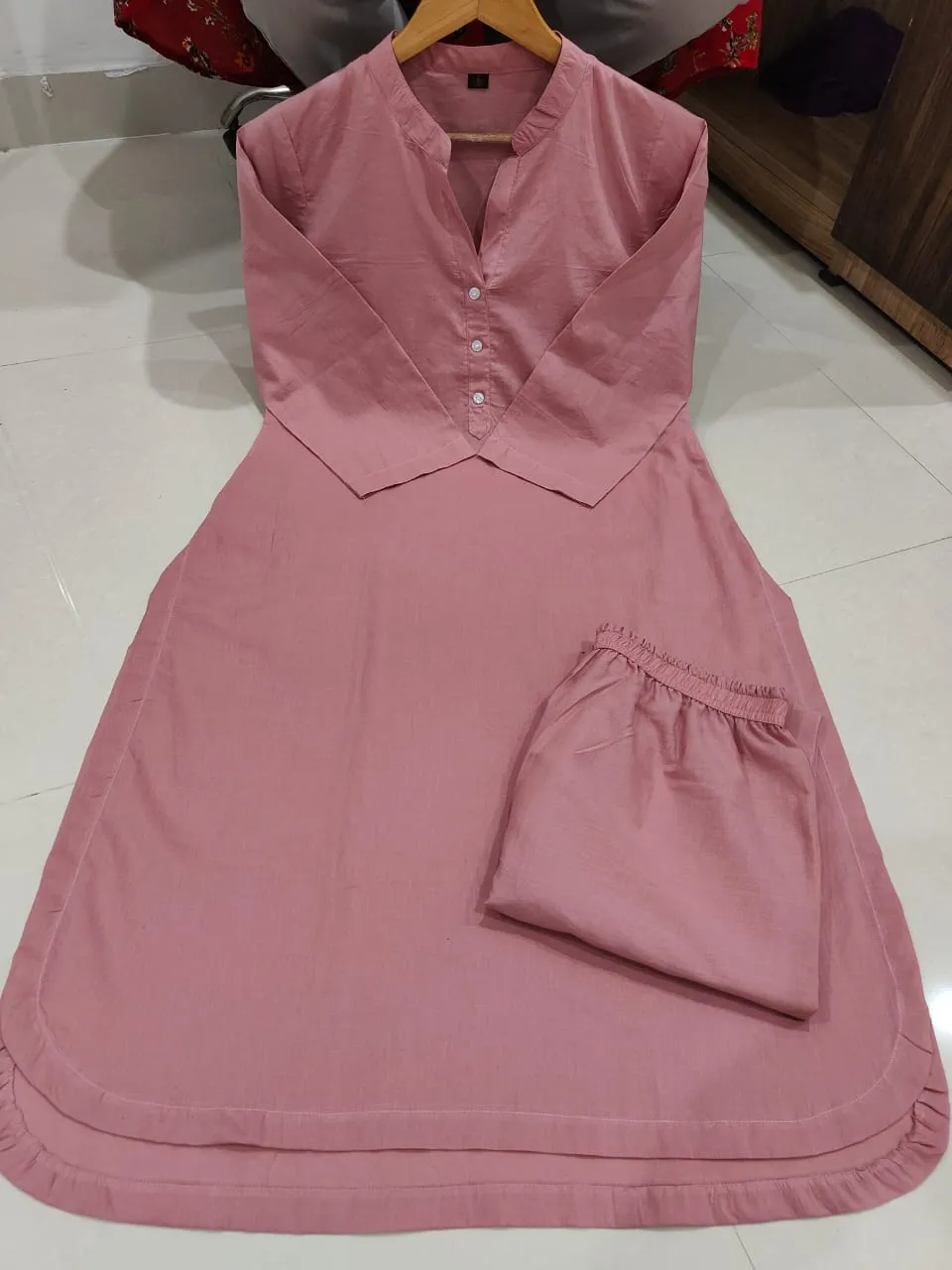 Pink A-Line Kurti Palazzo Cotton Co-Ord Set