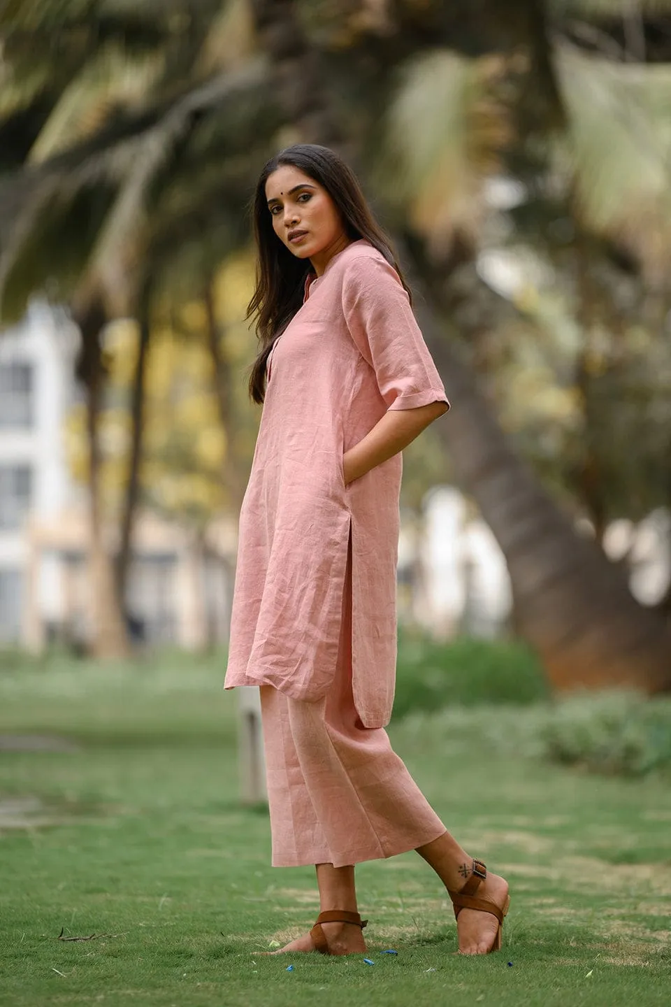 Pink A-Line Kurti Palazzo Cotton Co-Ord Set