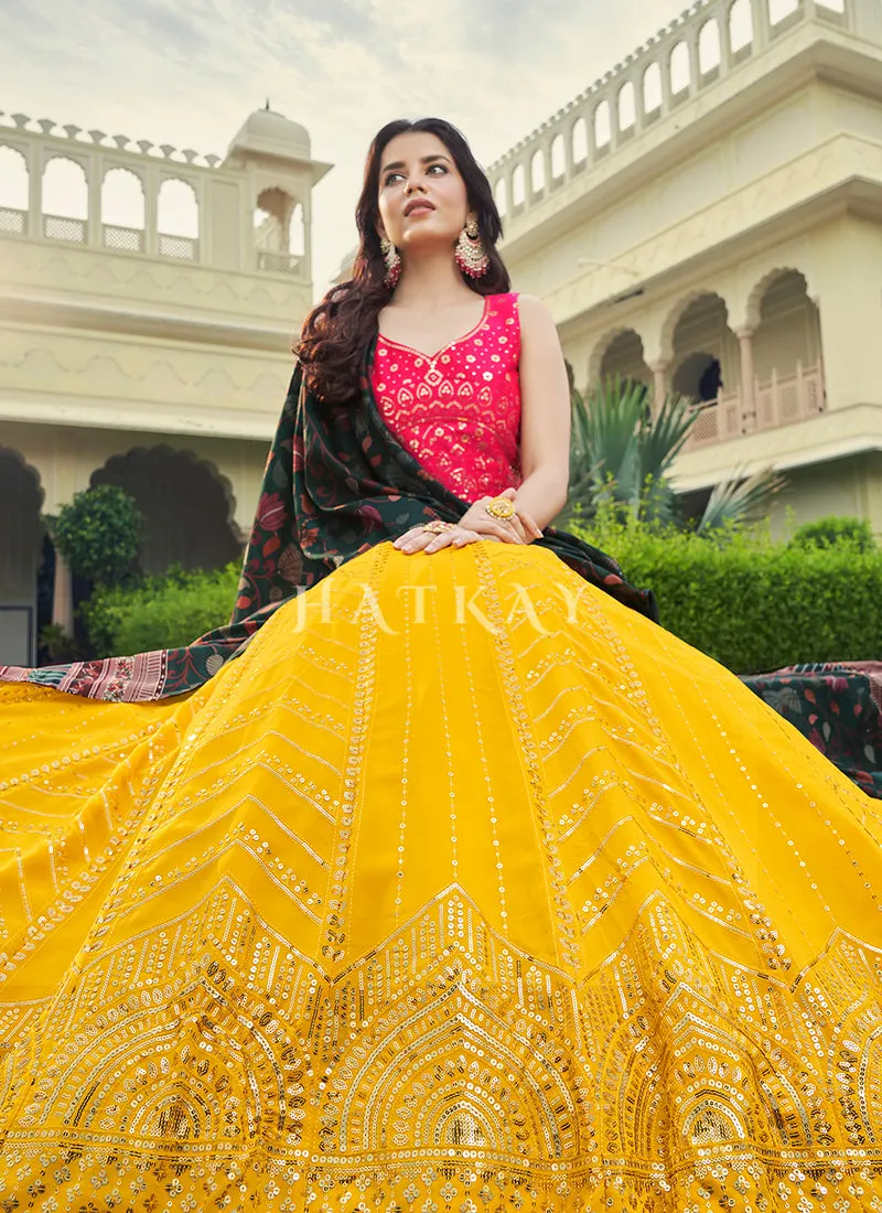 Pink And Yellow Sequence Embroidery Lehenga Choli
