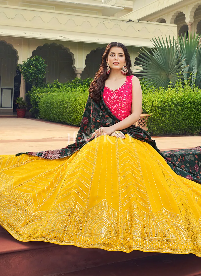 Pink And Yellow Sequence Embroidery Lehenga Choli