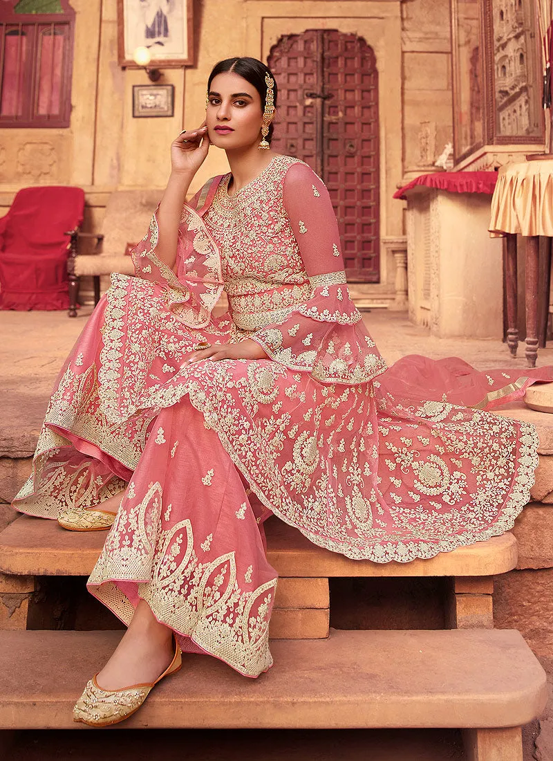 Pink Beige Embroidered Designer Gharara Suit