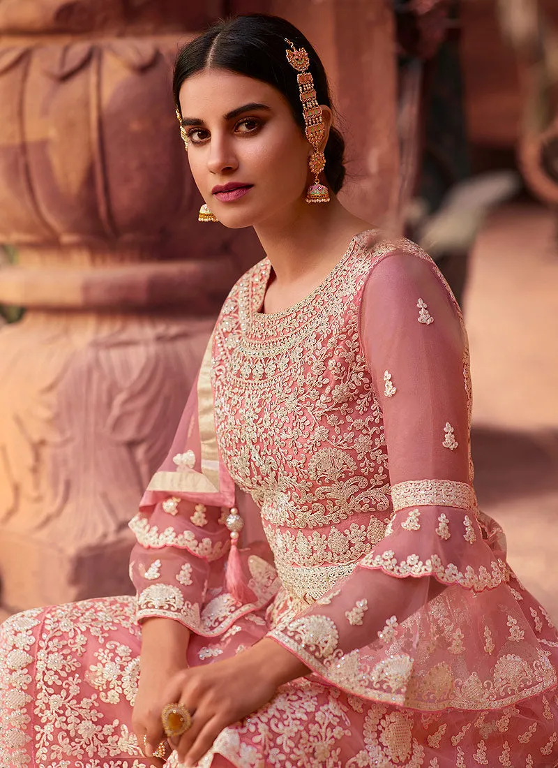 Pink Beige Embroidered Designer Gharara Suit