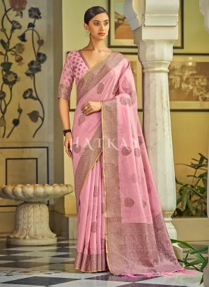 Pink Copper Zari Embellished Tissue Silk Saree