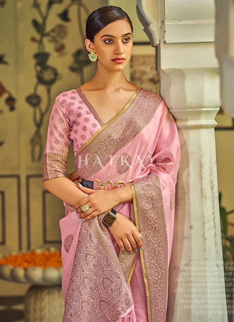 Pink Copper Zari Embellished Tissue Silk Saree