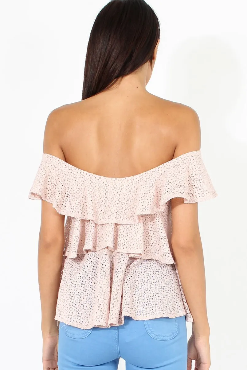 Pink Off the Shoulder Lace Frill Top - Larisa