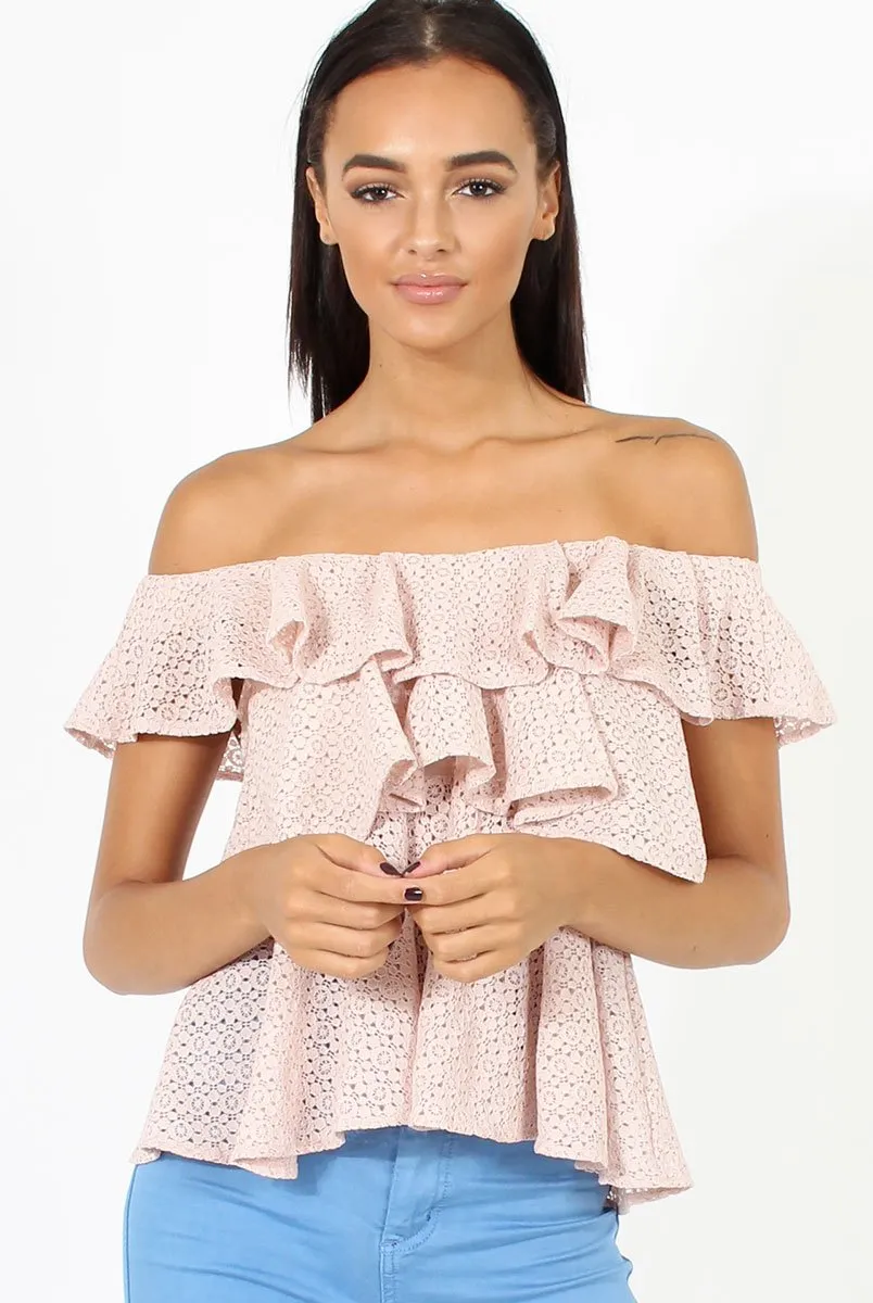 Pink Off the Shoulder Lace Frill Top - Larisa