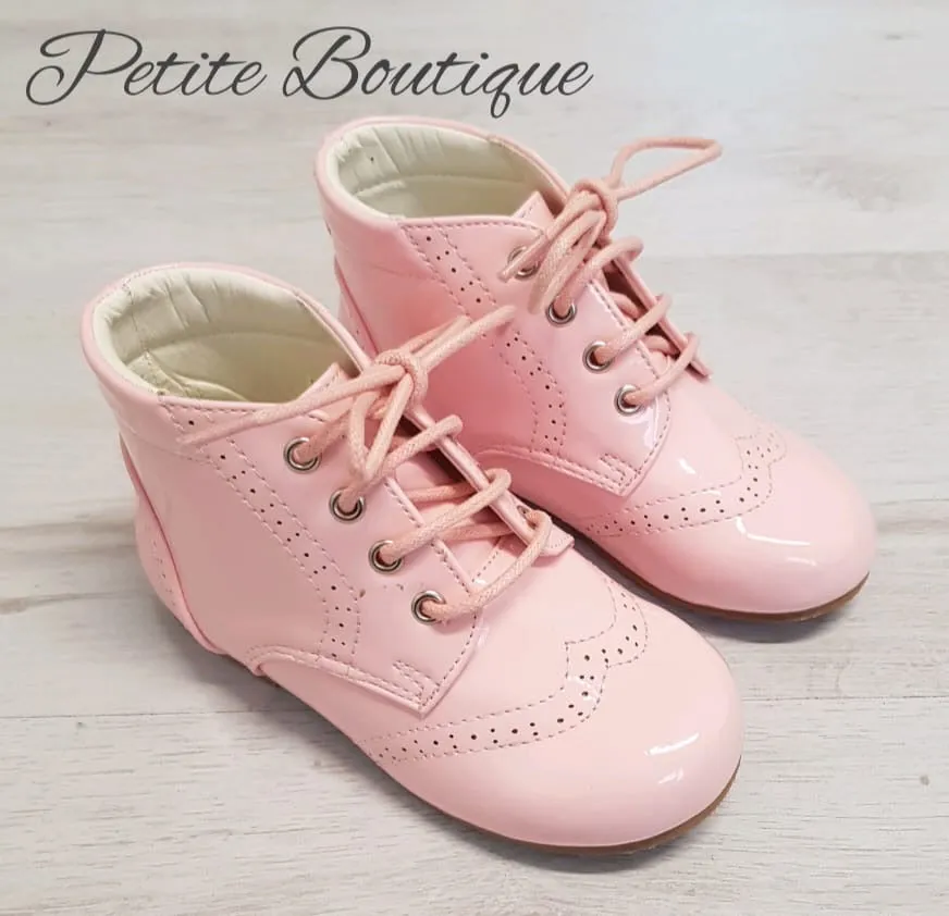 Pink patent lace boots
