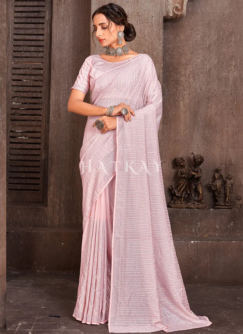 Pink Sequence Embroidery Organza Silk Saree