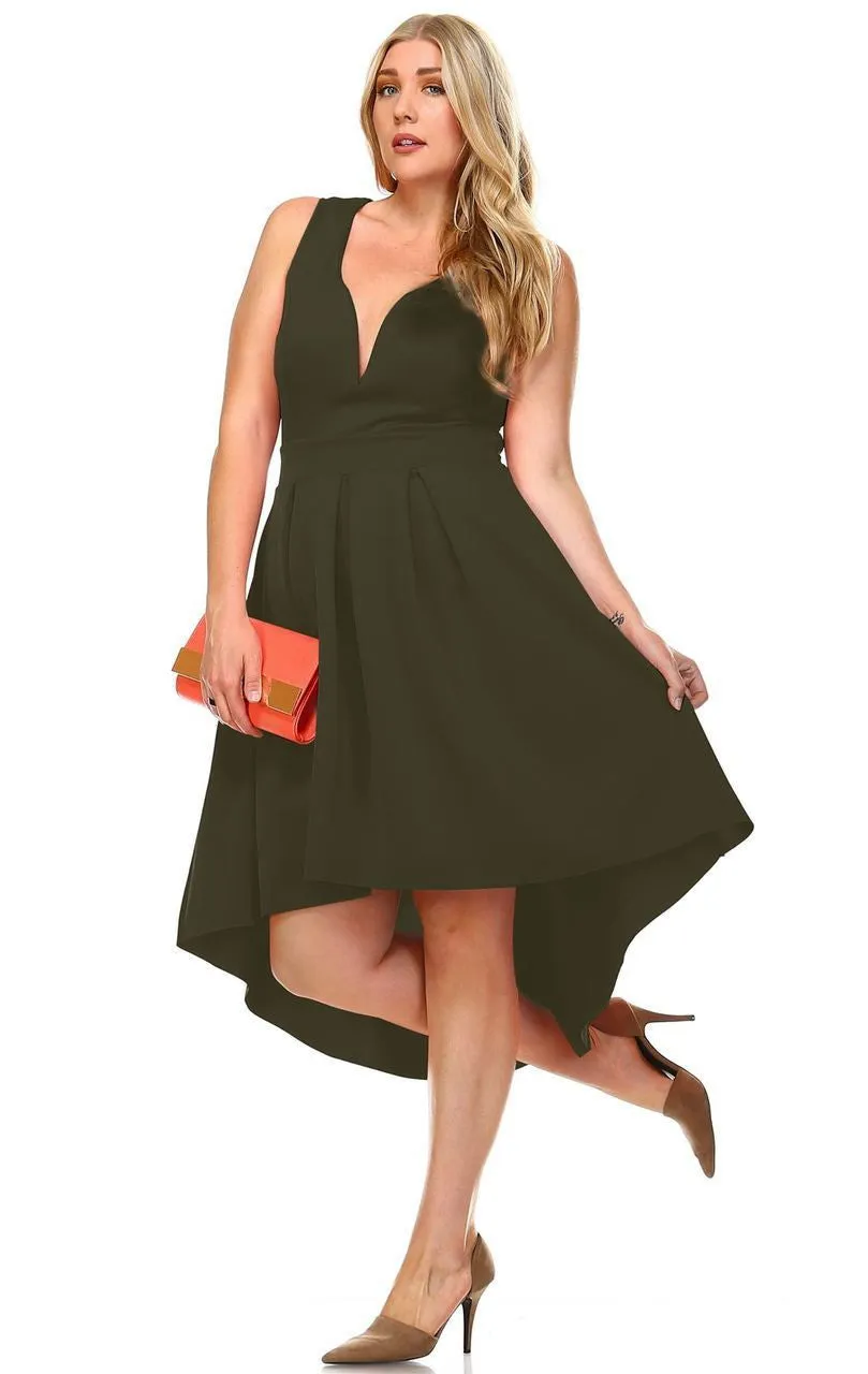 Plus Size Pleated Midi Cocktail Dress with Empire Waist Olive