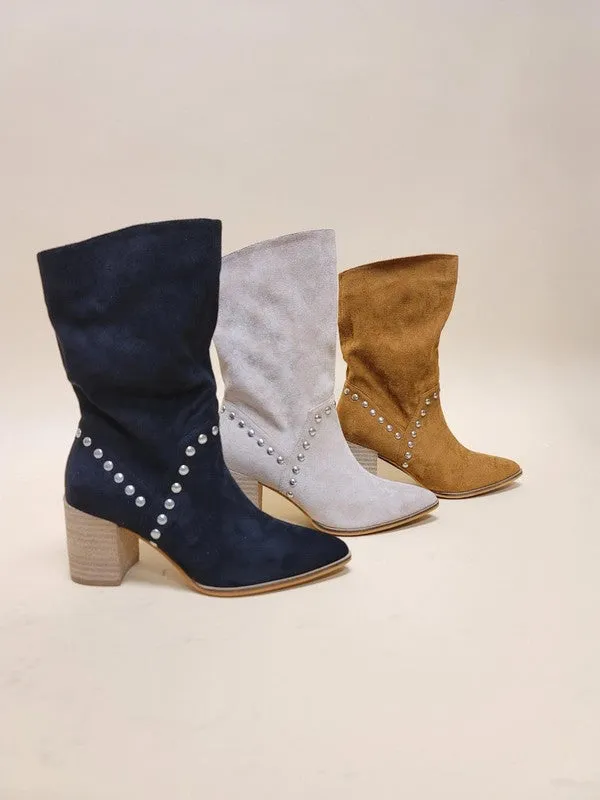 Point Toe Midi Boots With Studs Block Heel