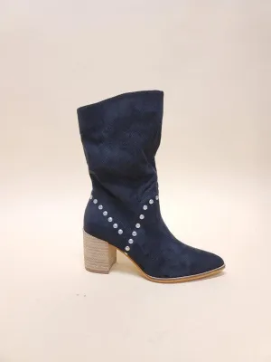 Point Toe Midi Boots With Studs Block Heel