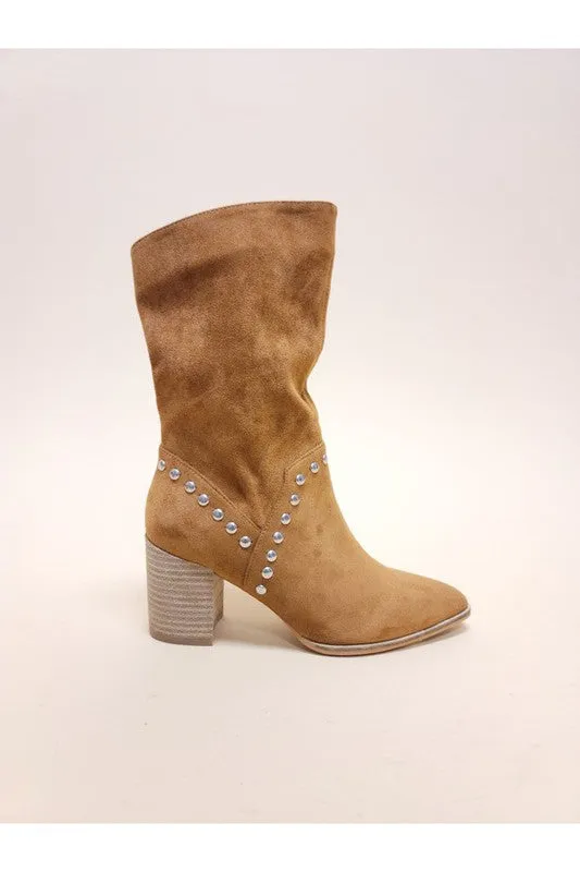 Point Toe Midi Boots With Studs Block Heel