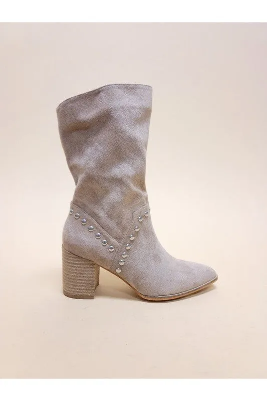 Point Toe Midi Boots With Studs Block Heel