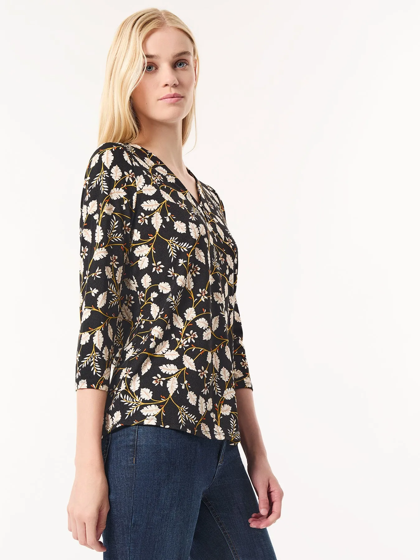 Printed Keyhole Neckline Top, Moss Crepe