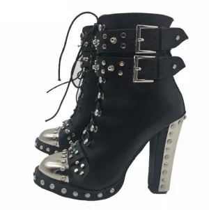 Punk style Boots women metal rivets studded leather Ankle Boots Round toe side lace up Strap buckled high heels martin boots