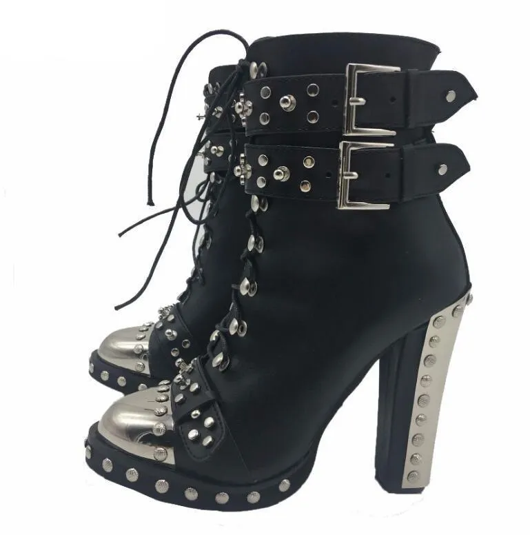 Punk style Boots women metal rivets studded leather Ankle Boots Round toe side lace up Strap buckled high heels martin boots