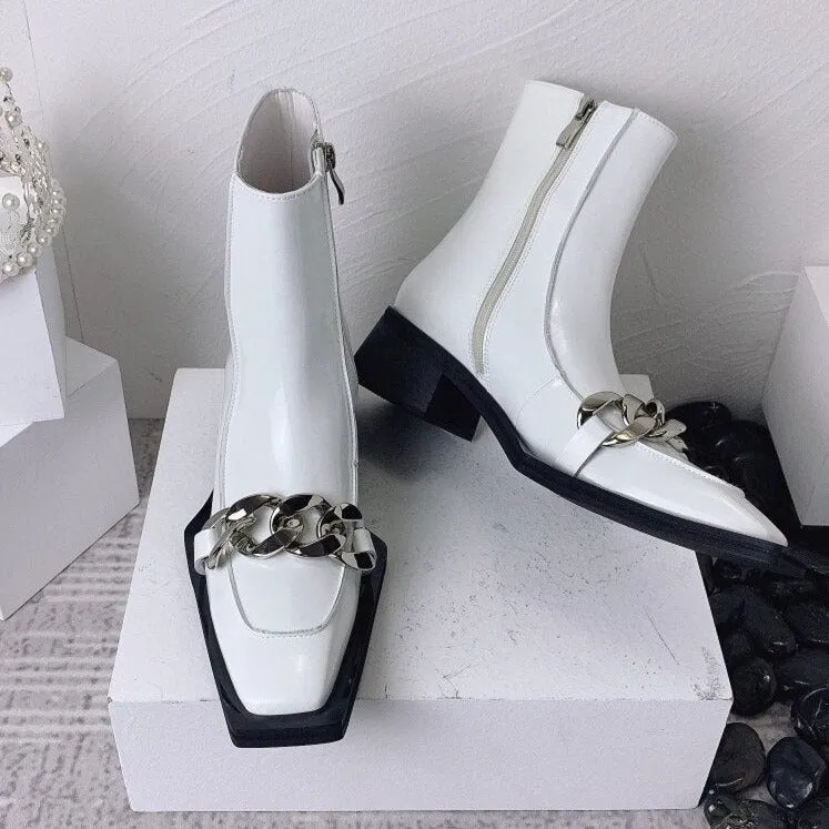 Punk Style Women Leather Square Toe Ankle Boots