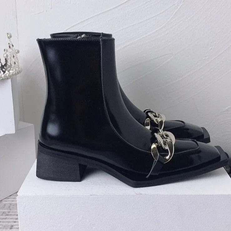 Punk Style Women Leather Square Toe Ankle Boots