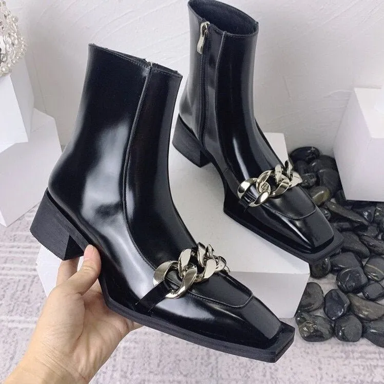 Punk Style Women Leather Square Toe Ankle Boots