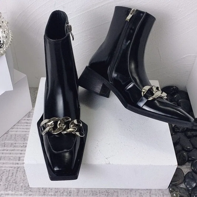Punk Style Women Leather Square Toe Ankle Boots