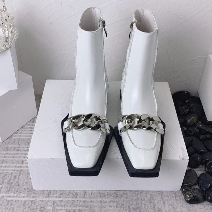 Punk Style Women Leather Square Toe Ankle Boots